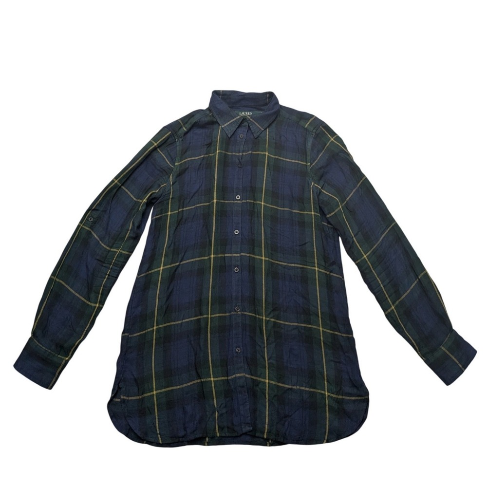 Lauren Ralph Lauren Button Down Womens M Navy Blue Green Plaid Roll Tab Sleeve